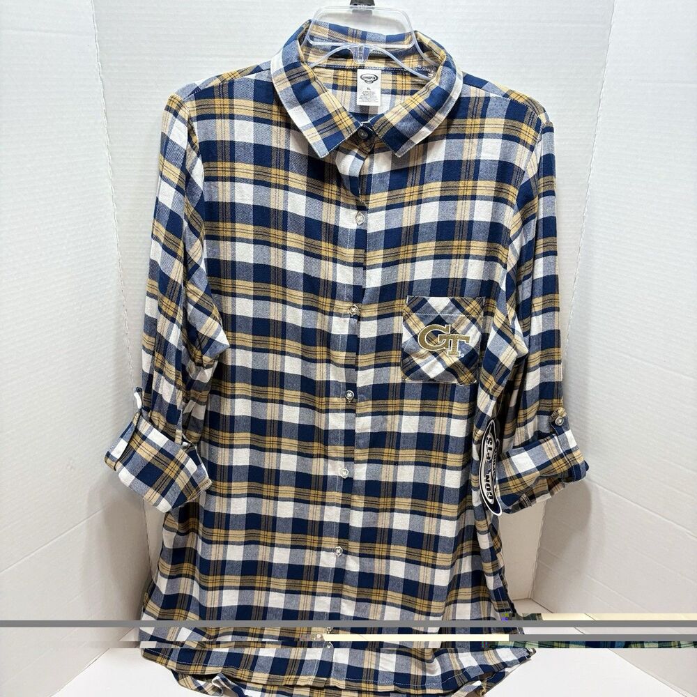 Concepts Sport Georgia Tech Women's Plaid Boyfriend Flannel Button-up Shirt XL